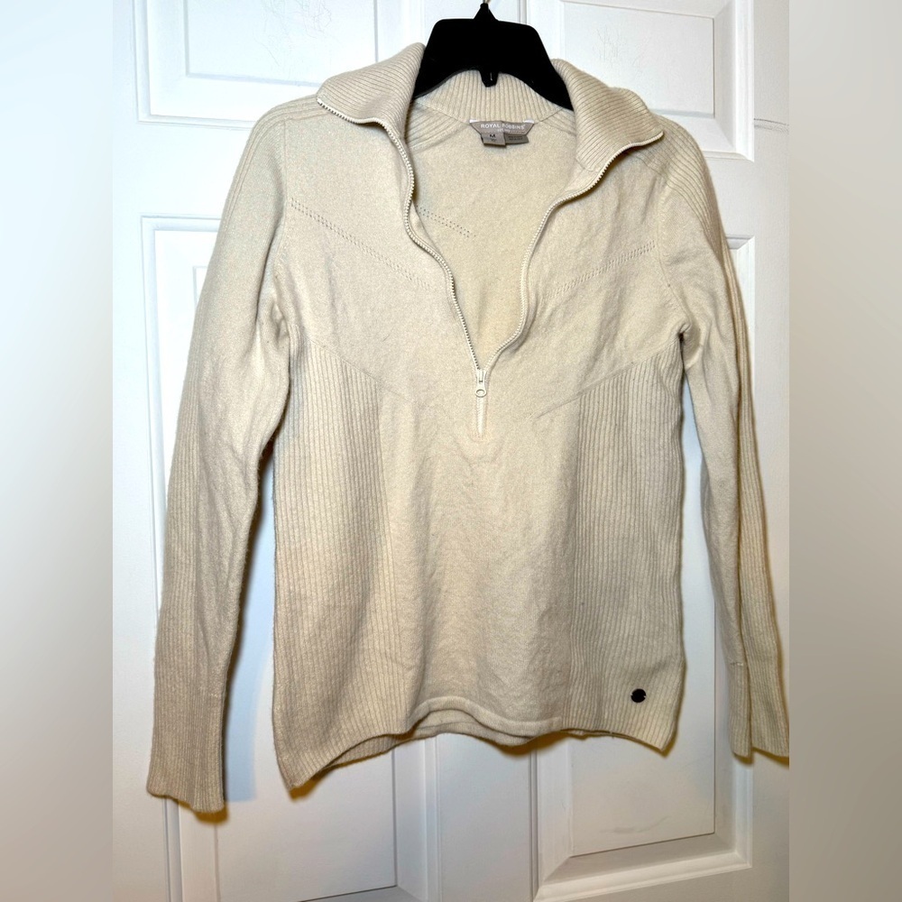 Royal Robbins Ivory Wool 1/4 Zip Woman’s Sweater Ribbed Collar Medium Soft